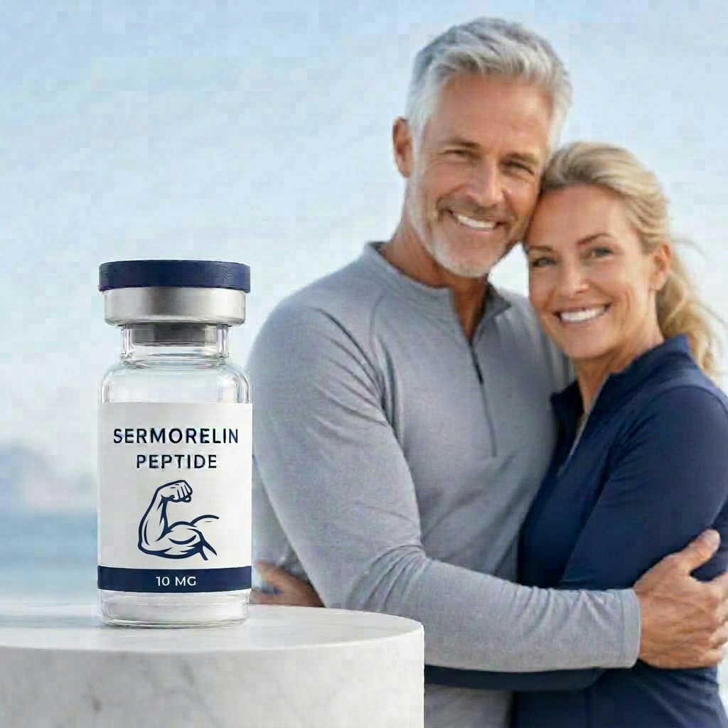 Sermorelin Peptide vial with smiling mature couple